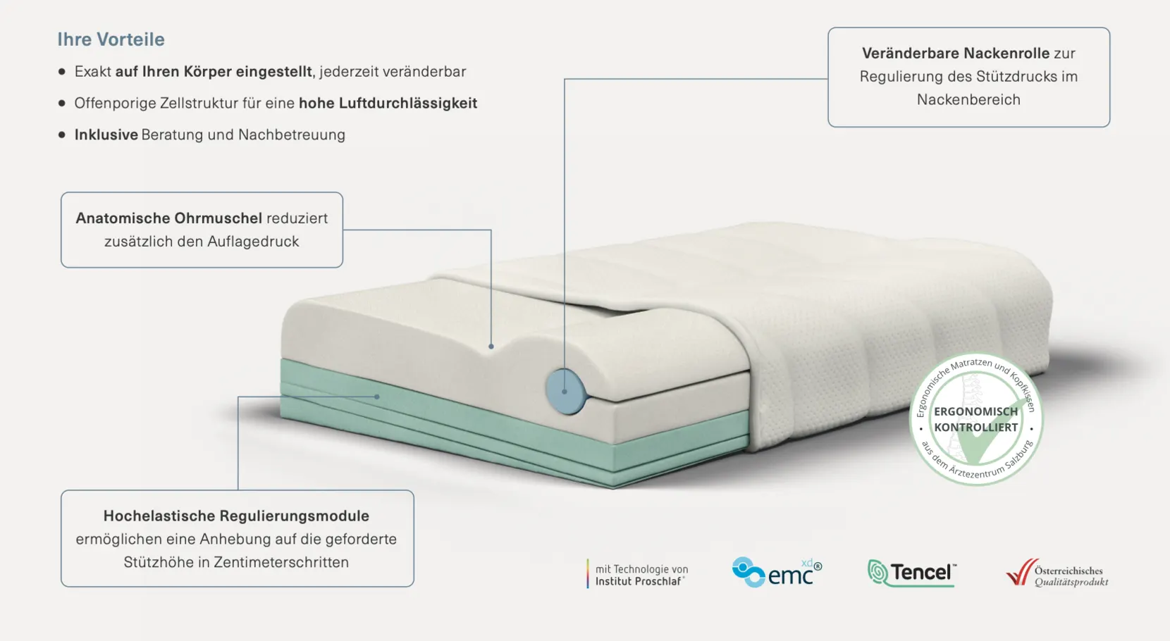 Infografik Ergonomie-Kopfkissen: anatomische Ohrmuschel, veränderbare Nackenrolle, hochelastische Regulierungsmodule