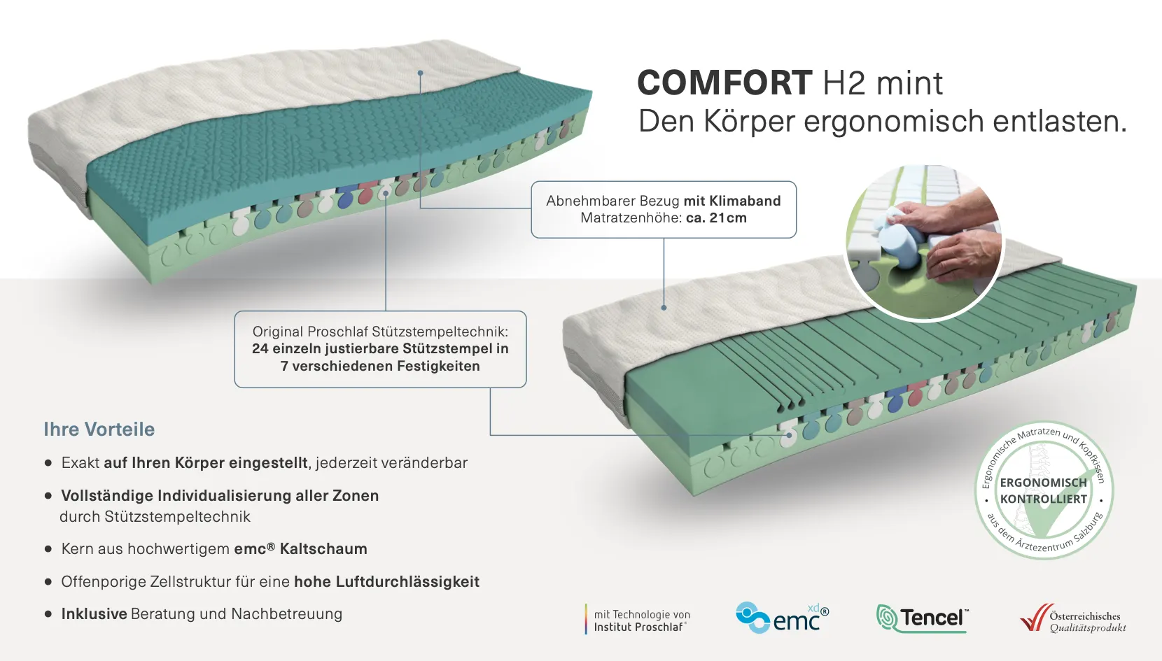 Infografik Comfort H2 mint: Kern aus emc Kaltschaum, Stützstempeltechnik mit 24 Stempeln in 7 Festigkeiten, ca. 21 cm hoch