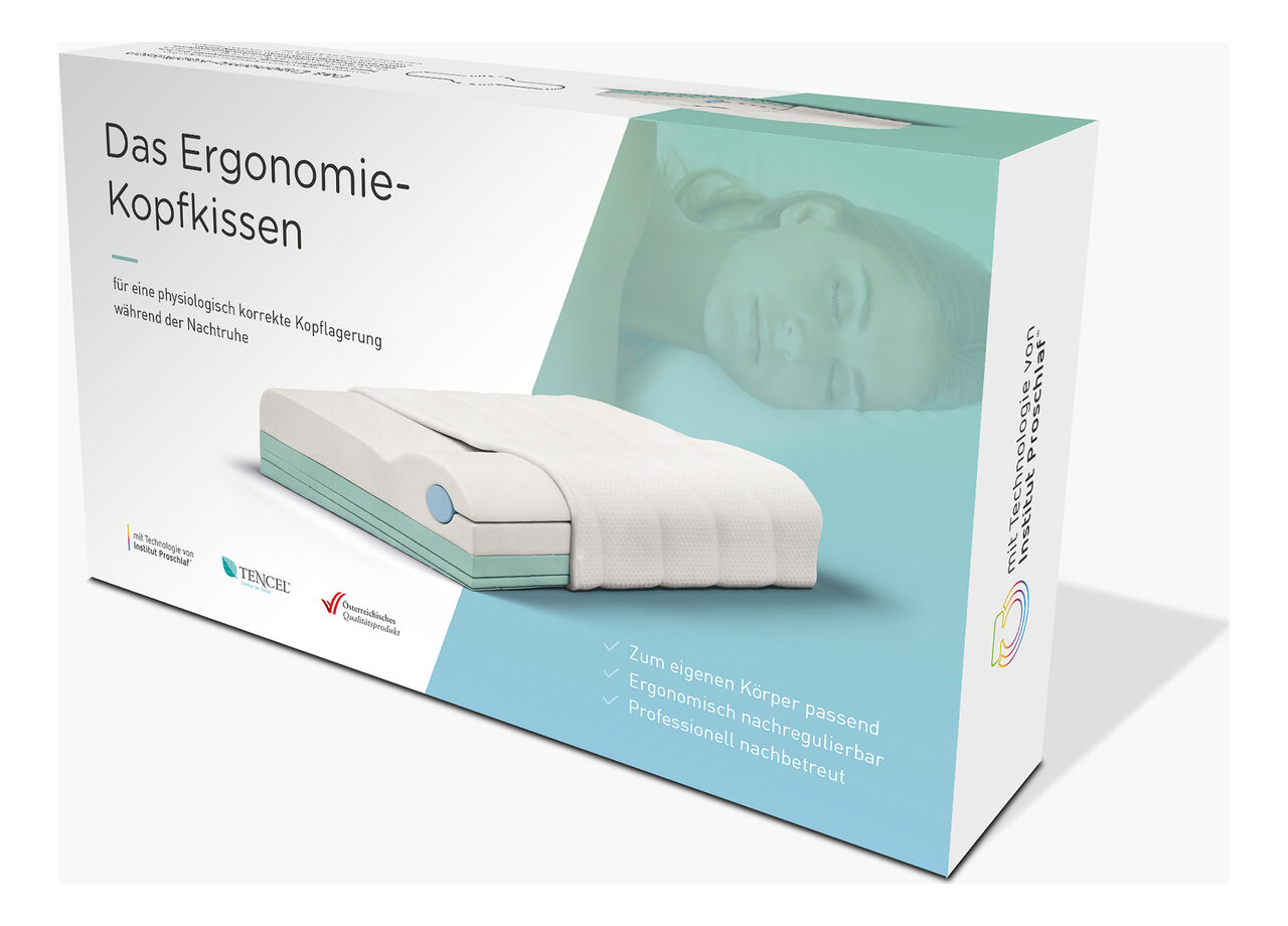 Verpackung des Ergonomie-Kopfkissens: zum eigenen Körper passend, ergonomisch nachregulierbar, professionell nachbetreut